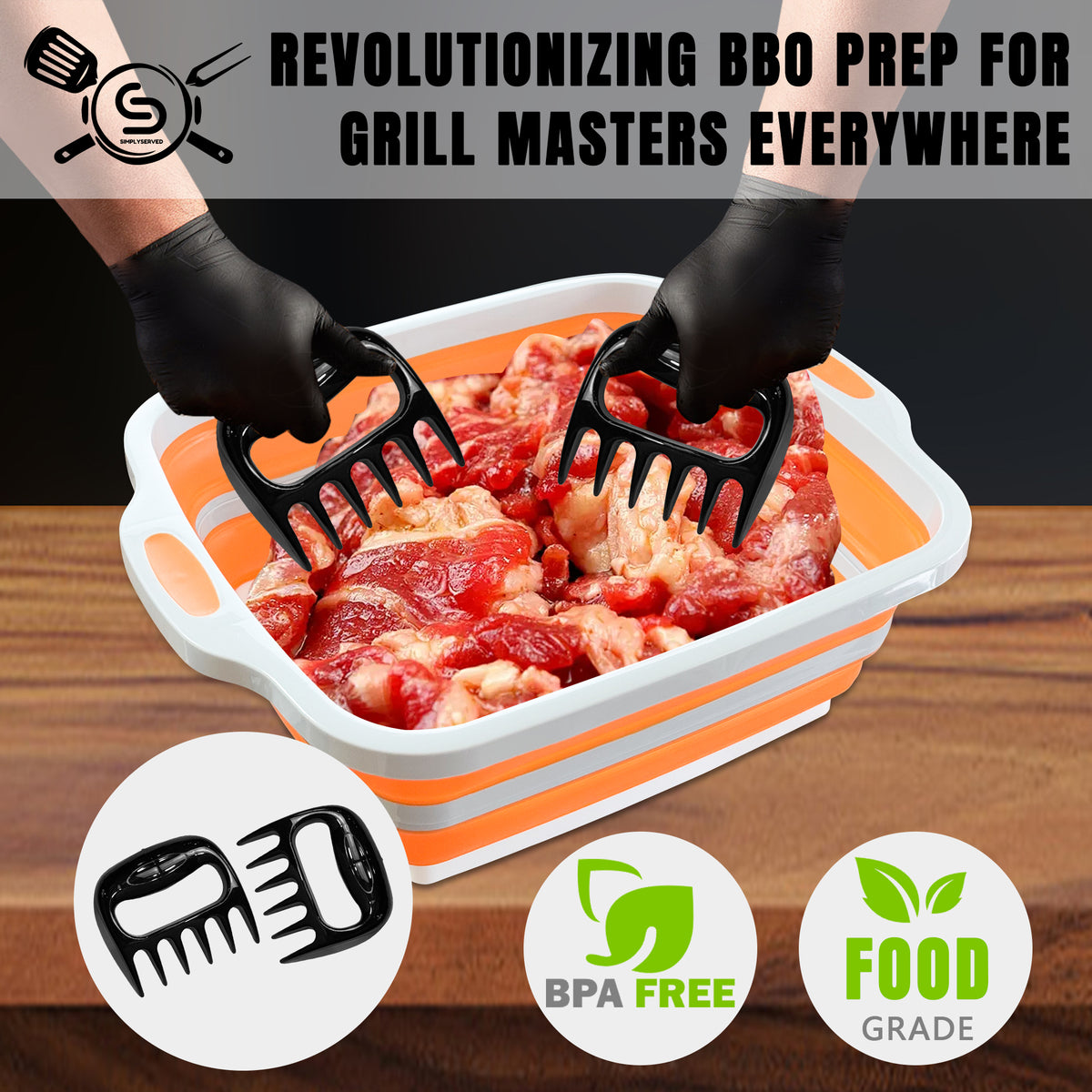 Collapsible BBQ Prep Tub 8L, Orange, with Lid, Cutting Board, Meat Claws and Tote Bag
