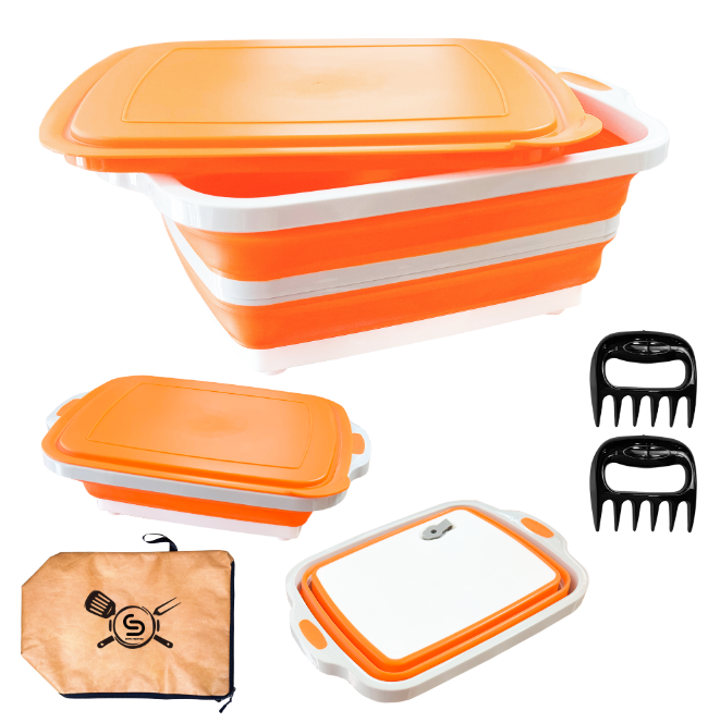 Collapsible BBQ Prep Tub 8L, Orange, with Lid, Cutting Board, Meat Claws and Tote Bag