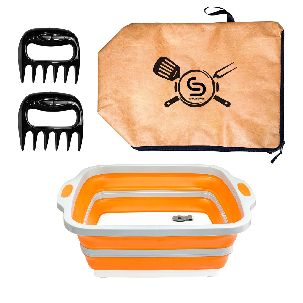 Collapsible BBQ Prep Tub 8L, Orange, with Lid, Cutting Board, Meat Claws and Tote Bag