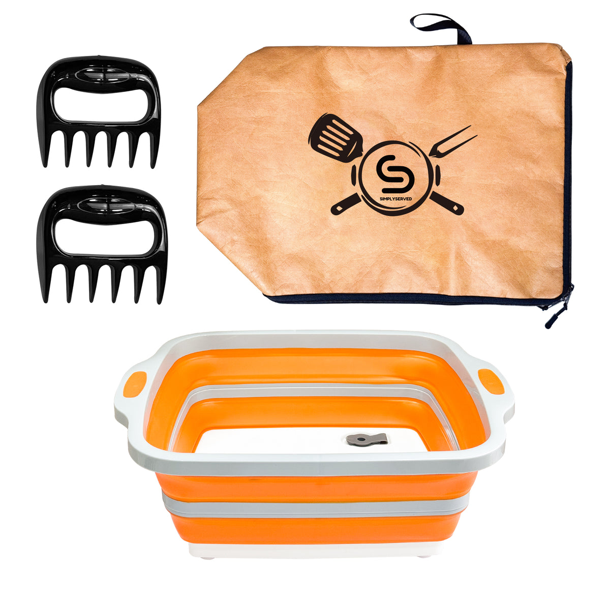 Collapsible BBQ Prep Tub 8L, Orange, with Lid, Cutting Board, Meat Claws and Tote Bag