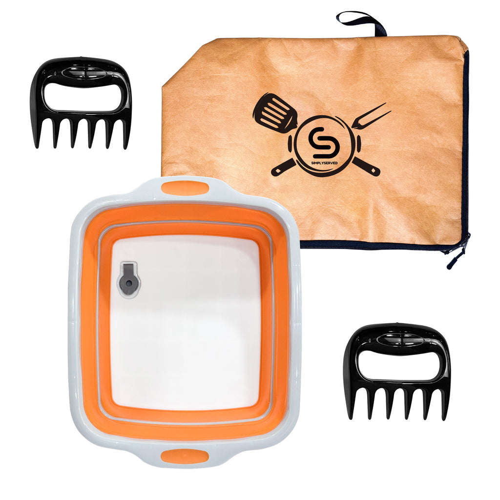 Collapsible BBQ Prep Tub 8L, Orange, with Lid, Cutting Board, Meat Claws and Tote Bag