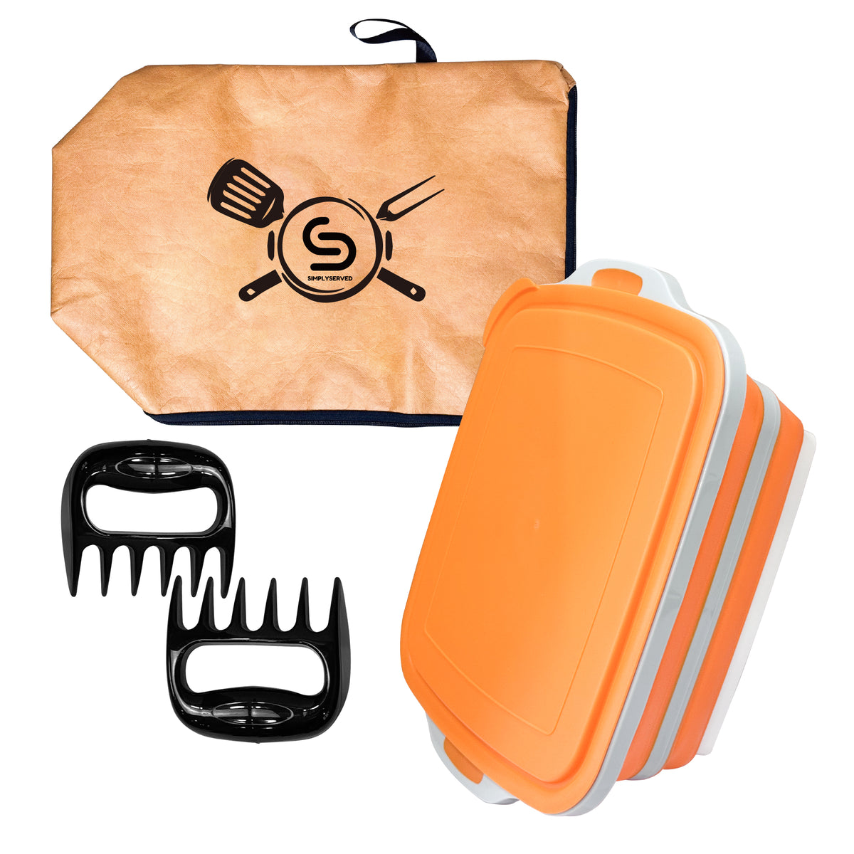 Collapsible BBQ Prep Tub 8L, Orange, with Lid, Cutting Board, Meat Claws and Tote Bag