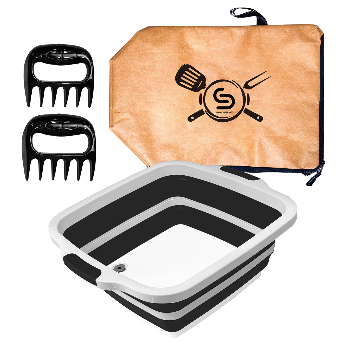 Collapsible BBQ Prep Tub 16L, Black, with Lid, Meat Claws and Tote Bag