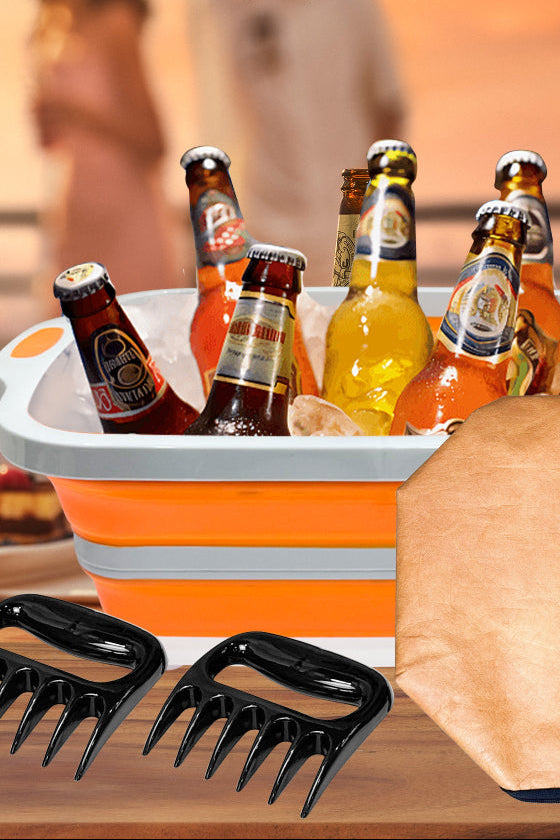 Collapsible BBQ Prep Tub 8L, Orange, with Lid, Cutting Board, Meat Claws and Tote Bag