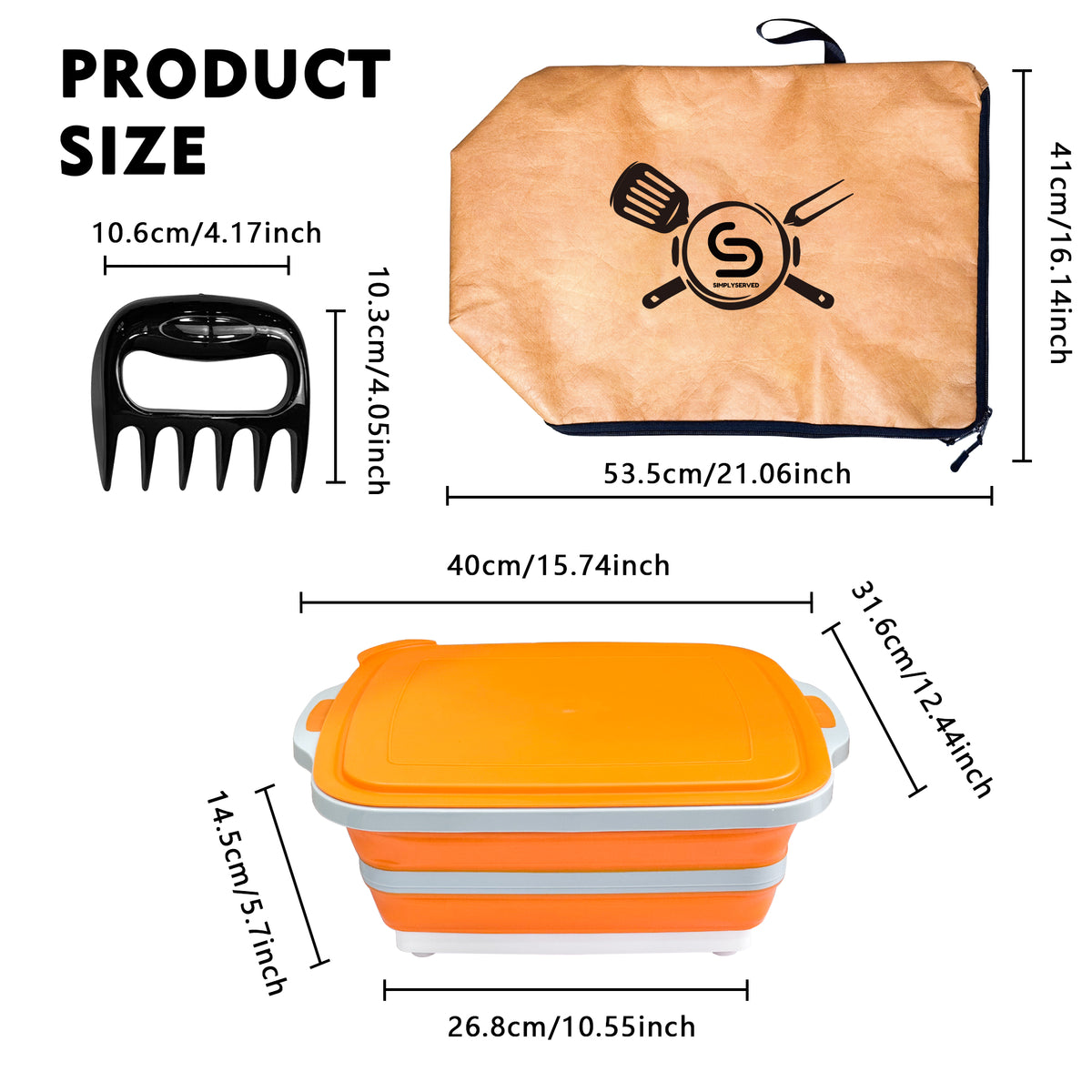 Collapsible BBQ Prep Tub 8L, Orange, with Lid, Cutting Board, Meat Claws and Tote Bag