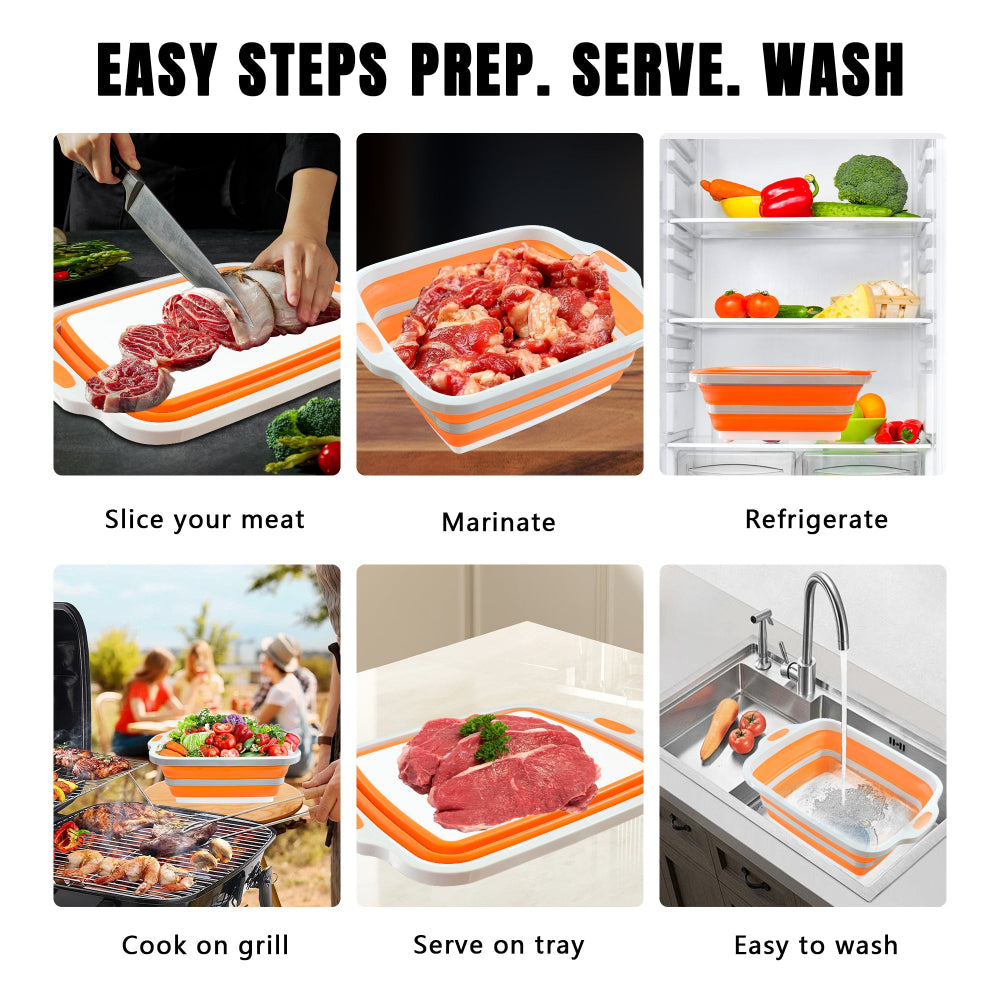 Collapsible BBQ Prep Tub 8L, Orange, with Lid, Cutting Board, Meat Claws and Tote Bag
