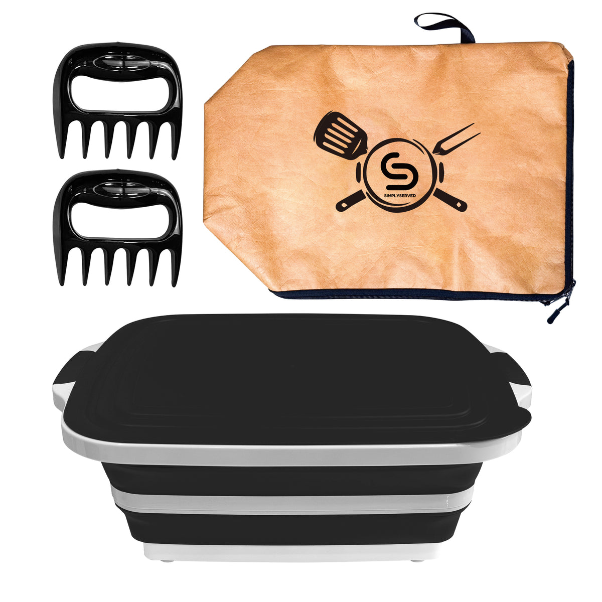 Collapsible BBQ Prep Tub 16L, Black, with Lid, Meat Claws and Tote Bag