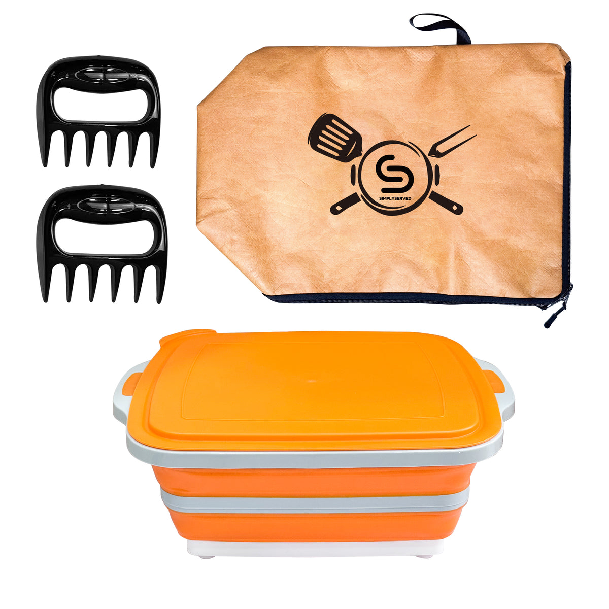 Collapsible BBQ Prep Tub 8L, Orange, with Lid, Cutting Board, Meat Claws and Tote Bag
